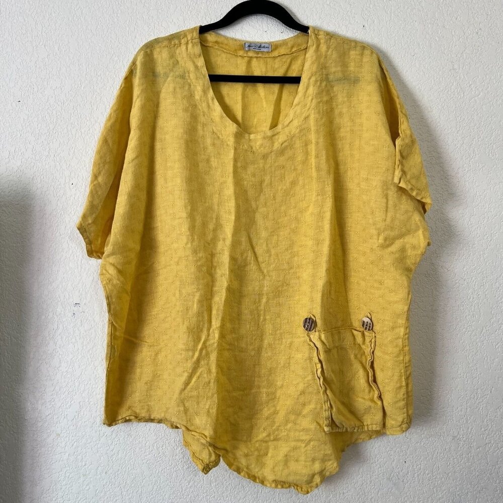 New Collection Women Linen Eyelet Blouse Top Asymmetric Hem Yellow Made in Italy